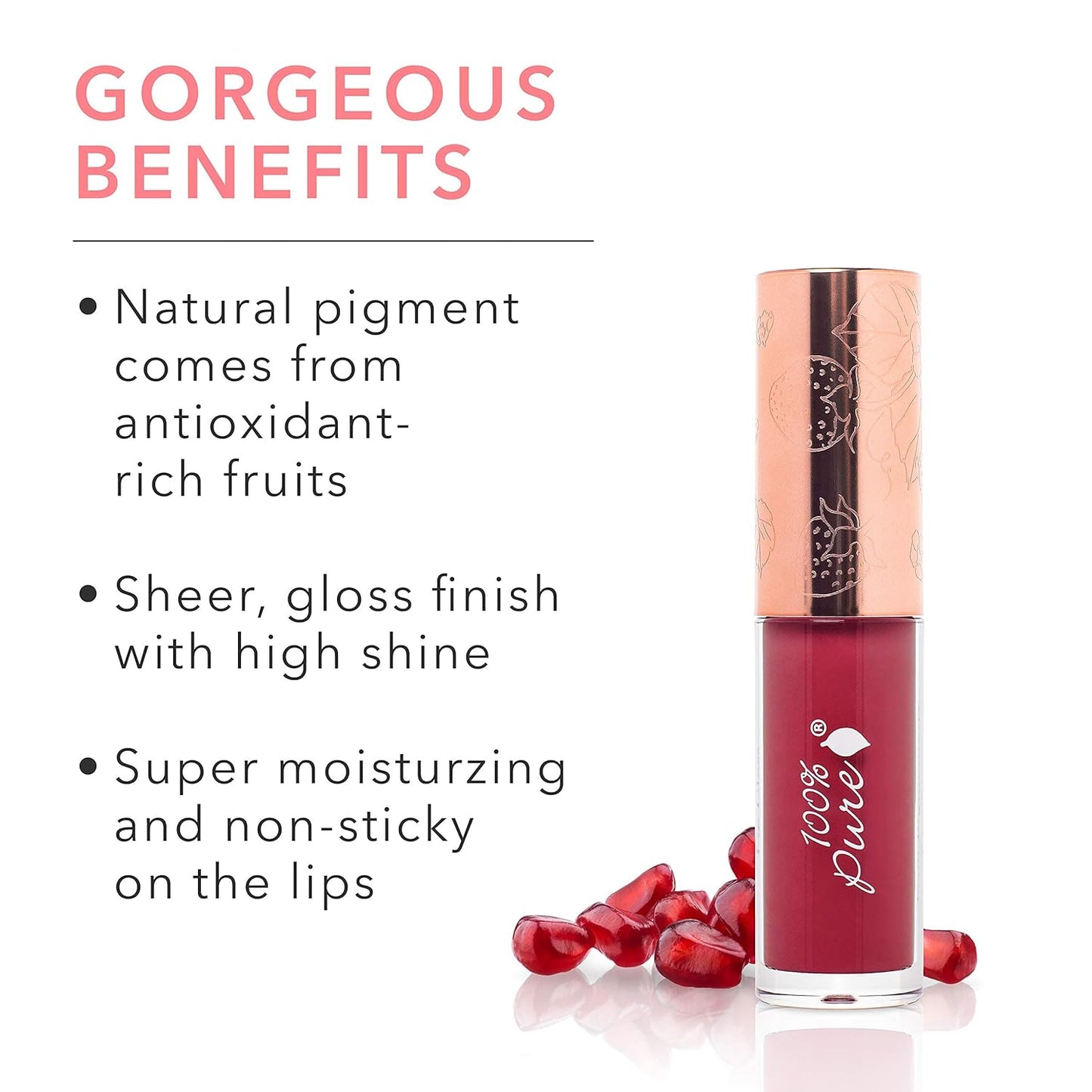 100% PURE Lip Gloss (Fruit Pigmented), Pomegranate Wine, High Shine, Moisturizing, Natural Lip Gloss, Sheer Finish, Tinted Lip Gloss w/Cocoa Butter, Vitamin E (Medium Berry Red Color) - 0.14 Fl Oz