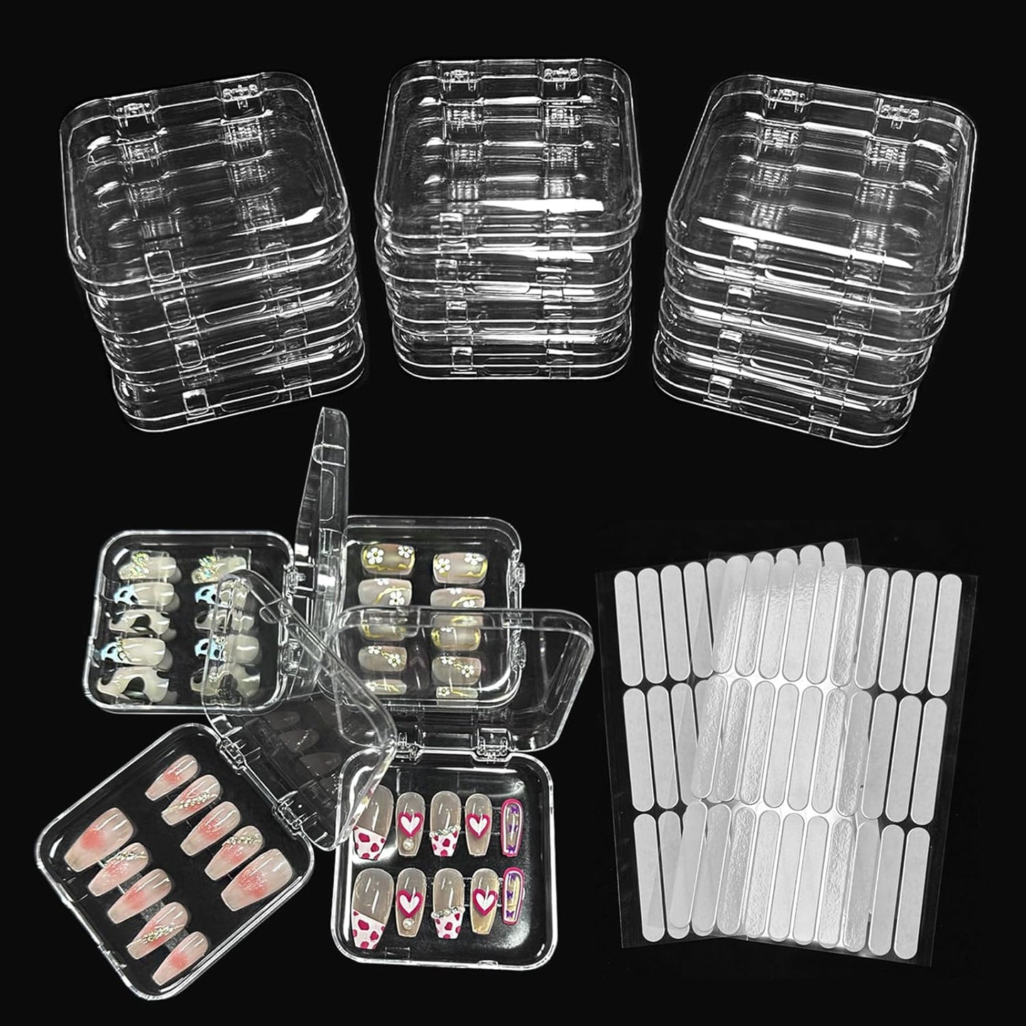 12pcs Press on Nail Storage Box with 60 Pcs Adhesive Double Sided Tape Acrylic Nail Display Box Artificial False Nail Box Organizer Fake Nail Case Transparent Nail Packaging Boxes for Nail Salon