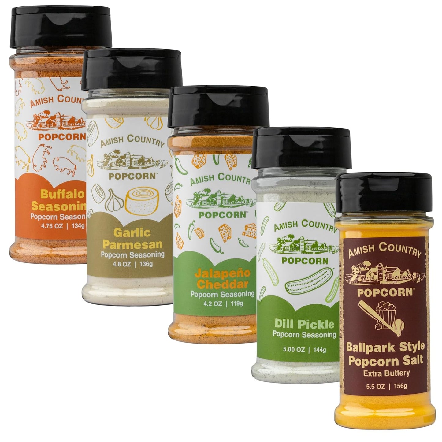 Amish Country Popcorn | 5 Pack Seasoning Bundle | Buffalo, Garlic Parmesan, Jalepeno Cheddar, Dill Pickle, BallPark Buttersalt | Old Fashioned, Non-GMO and Gluten Free