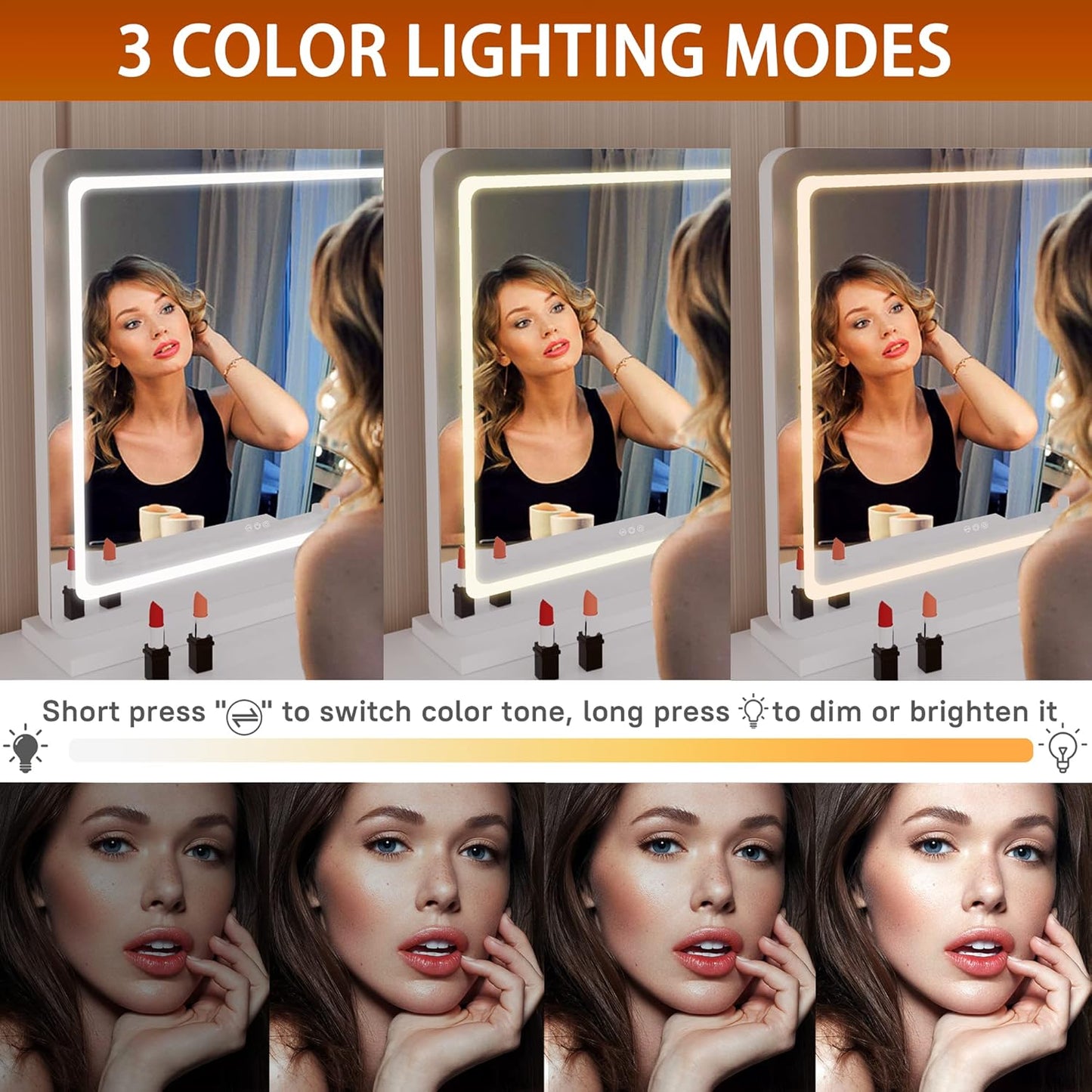Hasipu Vanity Mirror with Lights, 27.6" x 20" LED Makeup Mirror, Lighted Makeup Mirror with Dimmable 3 Modes, Touch Screen Control Vanity Mirror Round White