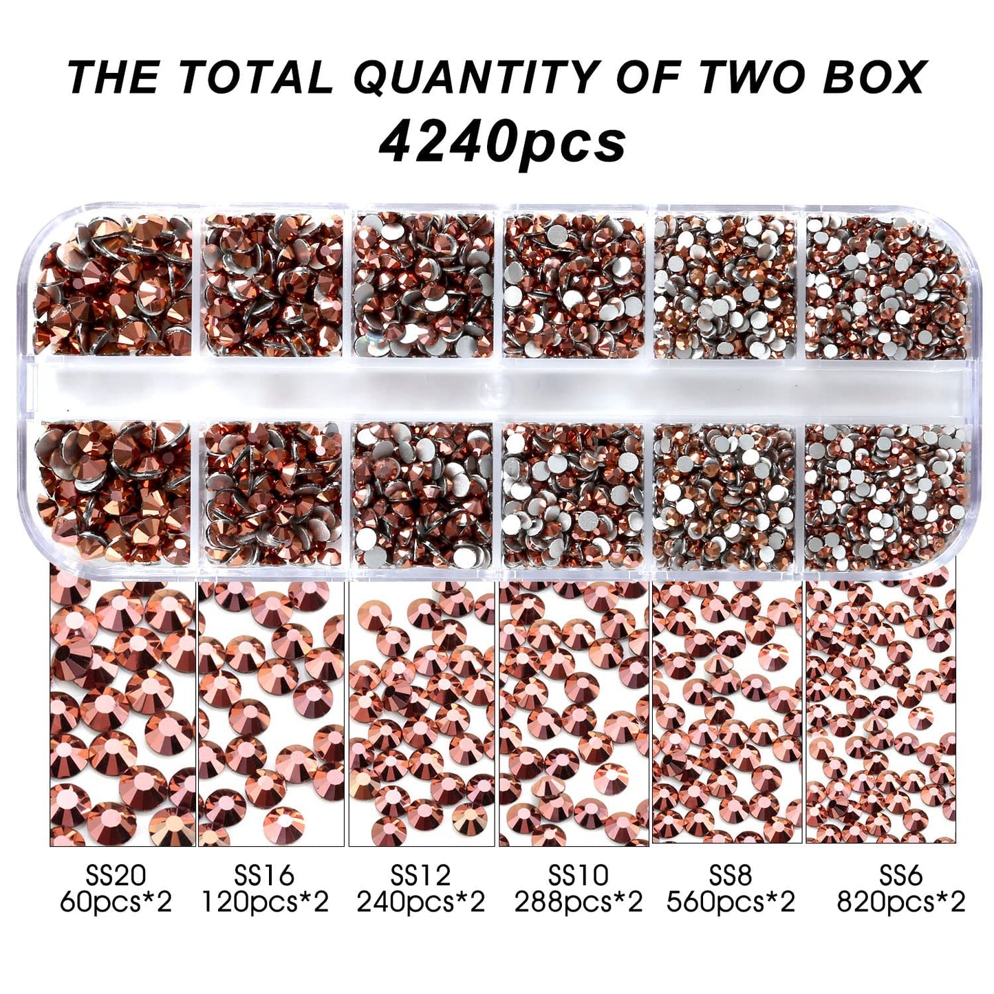 4240Pcs Rosegold Flatback Rhinestones 6 Sizes Crystal Diamonds for Nail Art Crafts Clothes Shoes with Tweezers and Picking Pen