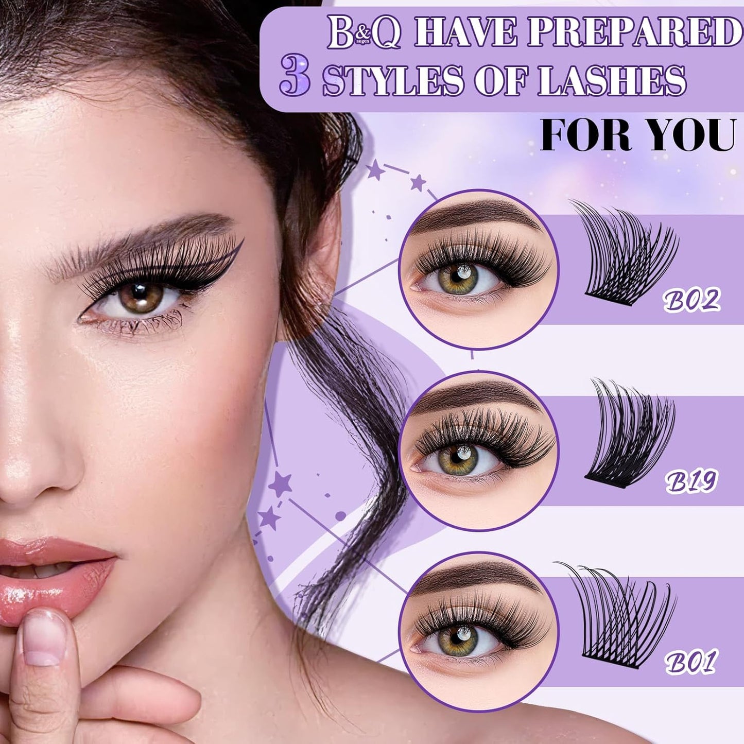 B&Qaugen Lash Clusters 156PCS Lash Clusters Kit B01+B02+B19 DIY Lash Extension Kit Eyelash Extension Kit 8-18mm Wispy Lashes Clusters with Lash Bond & Seal Lash Applicator Tool for DIY (Andromeda)