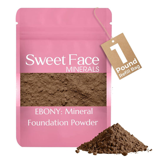 1 Pound EBONY Foundation Powder Refill By Sweet Face Minerals, Lightweight Mineral Loose Makeup Powder with SPF 20, Full Coverage Flawless Finish, Talc-free, Cruelty-Free, Refillable Pouch