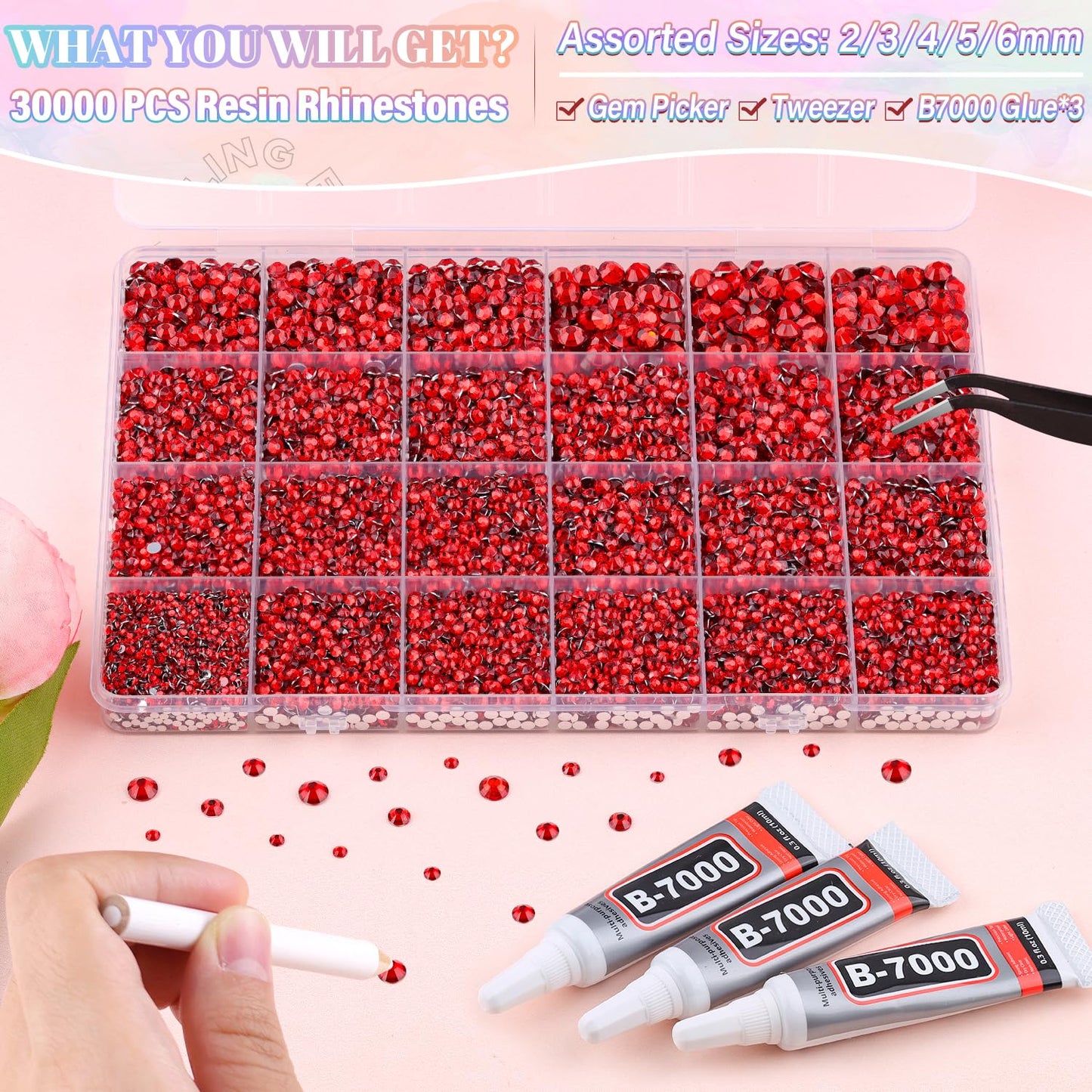 30000Pcs Resin Red Rhinestones for Bedazzling Crafting with b7000 Jewelry Glue, Bulk Flatback Gems Bedazzler Kit for Crafts Clothes Shoes Fabric Nail Diamond Art, Assorted Size 2/3/4/5/6mm