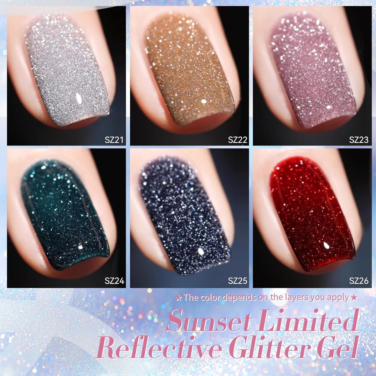 Born Pretty Reflective Glitter Gel Nail Polish, 6 Colors Holographic Gel Polish Long Lasting Sparkly Shiny Nail Polish U V Set for Manicure and Nail Art, DIY at Home, Salon-Quality 7ml