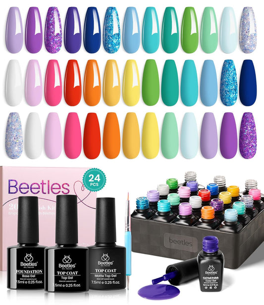 Beetles Halloween Gel Nail Polish Set, 24 Pcs Purple Blue Hot Red Gel Nail Polish Green Glitter Gel Polish Unicorn Collection Soak off UV with Glossy & Matte Top Base Gift for Women