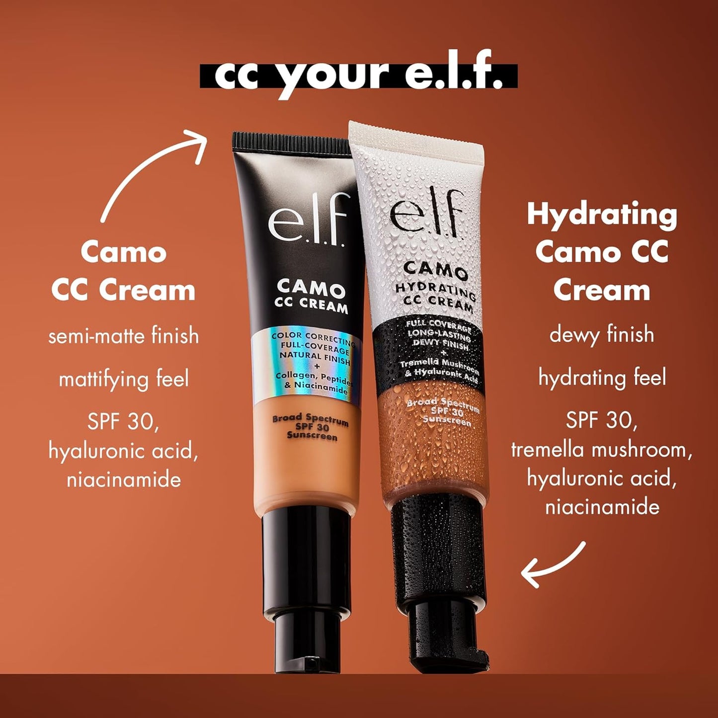 e.l.f. Hydrating Camo CC Cream, SPF 30, Color Correcting Full Coverage Foundation For A Dewy Finish, Vegan & Cruelty-Free, Rich 650 C