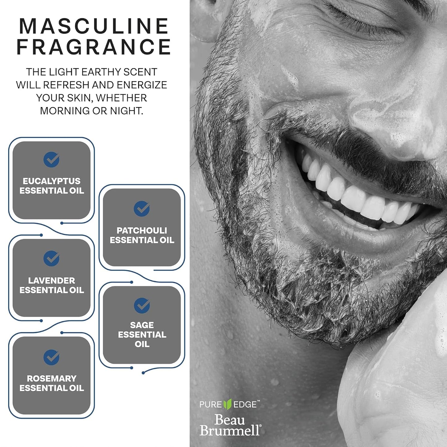 Beau Brummell for Men's Activated Charcoal Face Wash | Gentle Exfoliating Cleanser with Hyaluronic Acid, Bamboo Powder, Marine Plankton Extract, Vitamins A & E | 8 fl oz, Made in USA