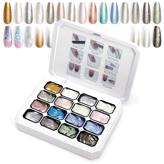 Gradient Painting Gel, 16 Gliter Colors Ombre Gel Nail Polish for Pigment Pat Silver&Gold Pink Blue Aurora color Bright Nails, French Manicure DIY Nail Art No-wipe Palette for Women