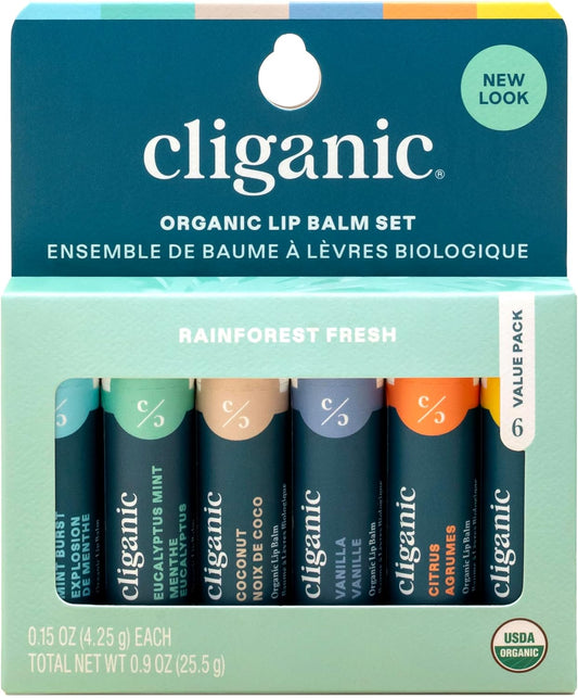 Cliganic Organic Lip Balm Set (6 Flavors) - 100% Natural Hydrating, Moisturizing for Dry Cracked Lips, for Men & Women