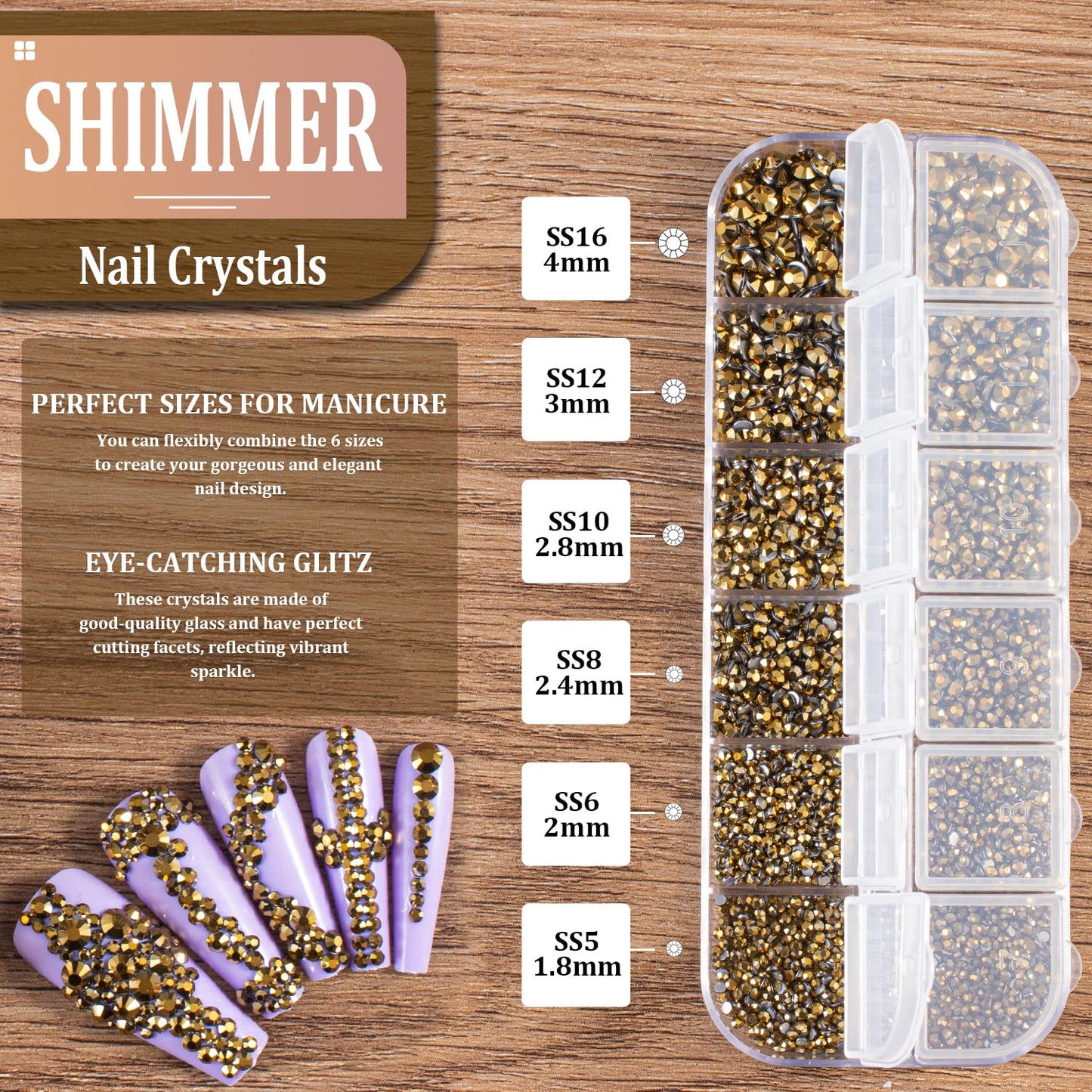 3600pcs Glass Mineral Gold Nail Rhinestones 6 Sizes(1.8/2/2.4/2.8/3/4mm) Flatback Crystal Nail Charms Jewels Decoration for Nail Art and Crafting, Tweezer and Pickup Pen included