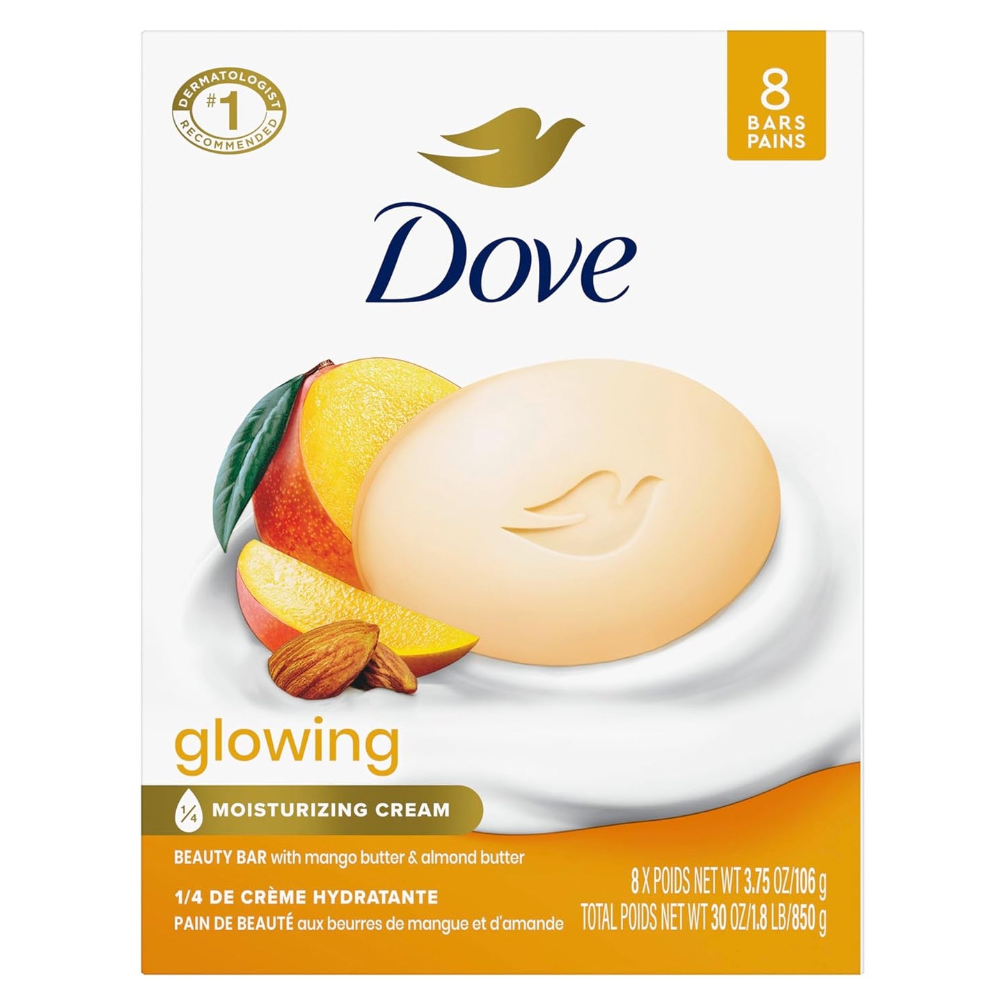 Dove Beauty Bar Soap Glowing Mango & Almond Butters, 8 Bars for Radiant Skin, Illuminates Skin 3.75 oz