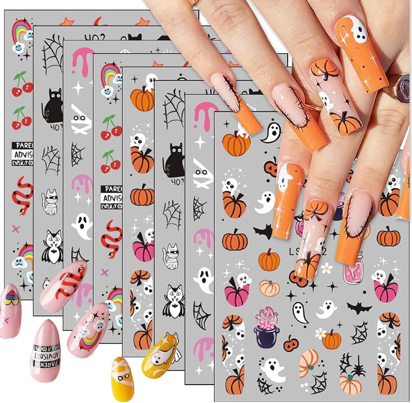 8 Sheets Halloween Cute Nail Stickers Pumpkin Ghost Mummy Cat 3D Self Adhesive Black Nail Decals Spider Web Bat Nail Art Design Halloween Party DIY Nail Art Decoration for Women Kid Girls