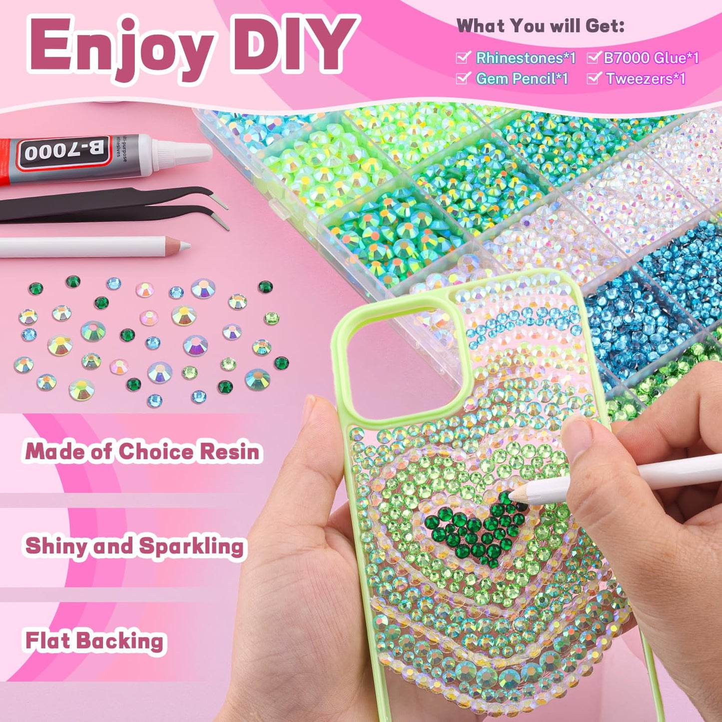 20000Pcs Green Rhinestones for Bedazzling with 1Pcs B7000 Jewelry Glue, Resin Rhinestones for Crafting Crafts DIY, Bedazzler Kit Gems for Clothing Shoes Tumblers Nail Art Assorted Size 3/4/5/6mm