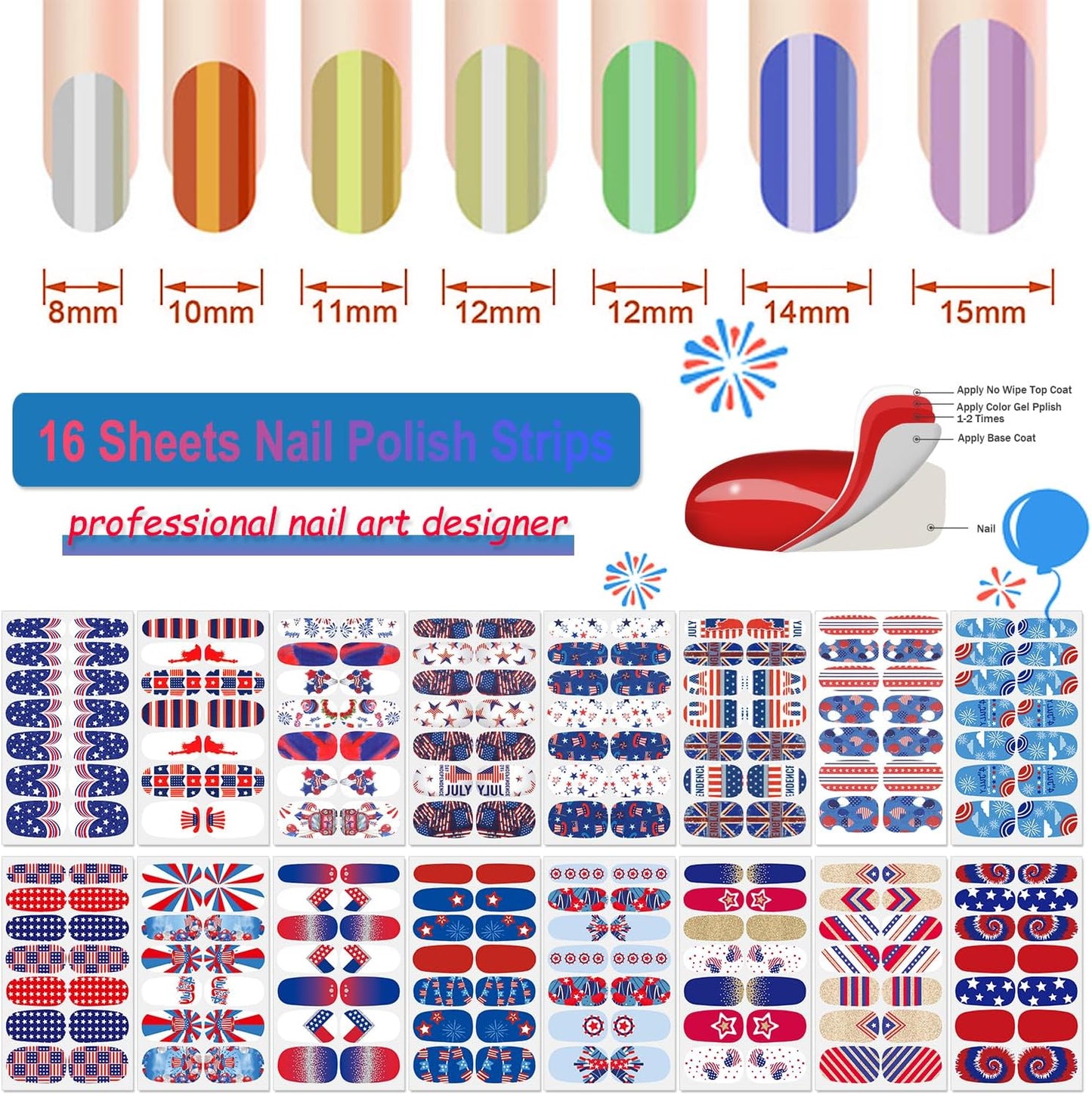 DANNEASY 16 Sheets Independence Day Nail Wraps 4th of July Nail Polish Stickers Self Adhesive Nail Polish Strips Gel Fingernail Sticker Nails for Women with Nail File, Cuticle Stick