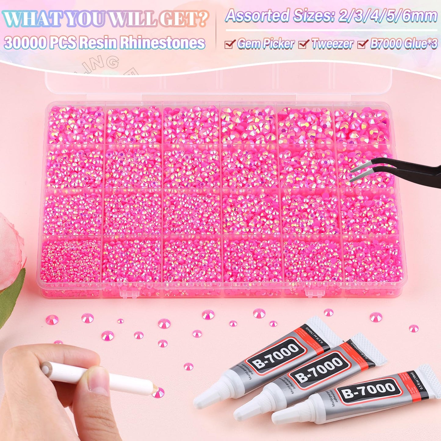 30000Pcs Resin Hot Pink AB Rhinestones for Bedazzling Crafting with b7000 Jewelry Glue, Bulk Flatback Gems Bedazzler Kit for Crafts Clothes Shoes Fabric Nail Diamond Art, Assorted Size 2/3/4/5/6mm