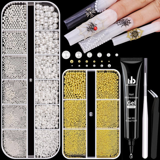 Flatback Pearls and Metal Nail Beads With Rhinestones Glue Gel for Art, Charms and Round Caviar Beads Accessories for Acrylic Tips Manicure Decor (White, Silver+Gold)
