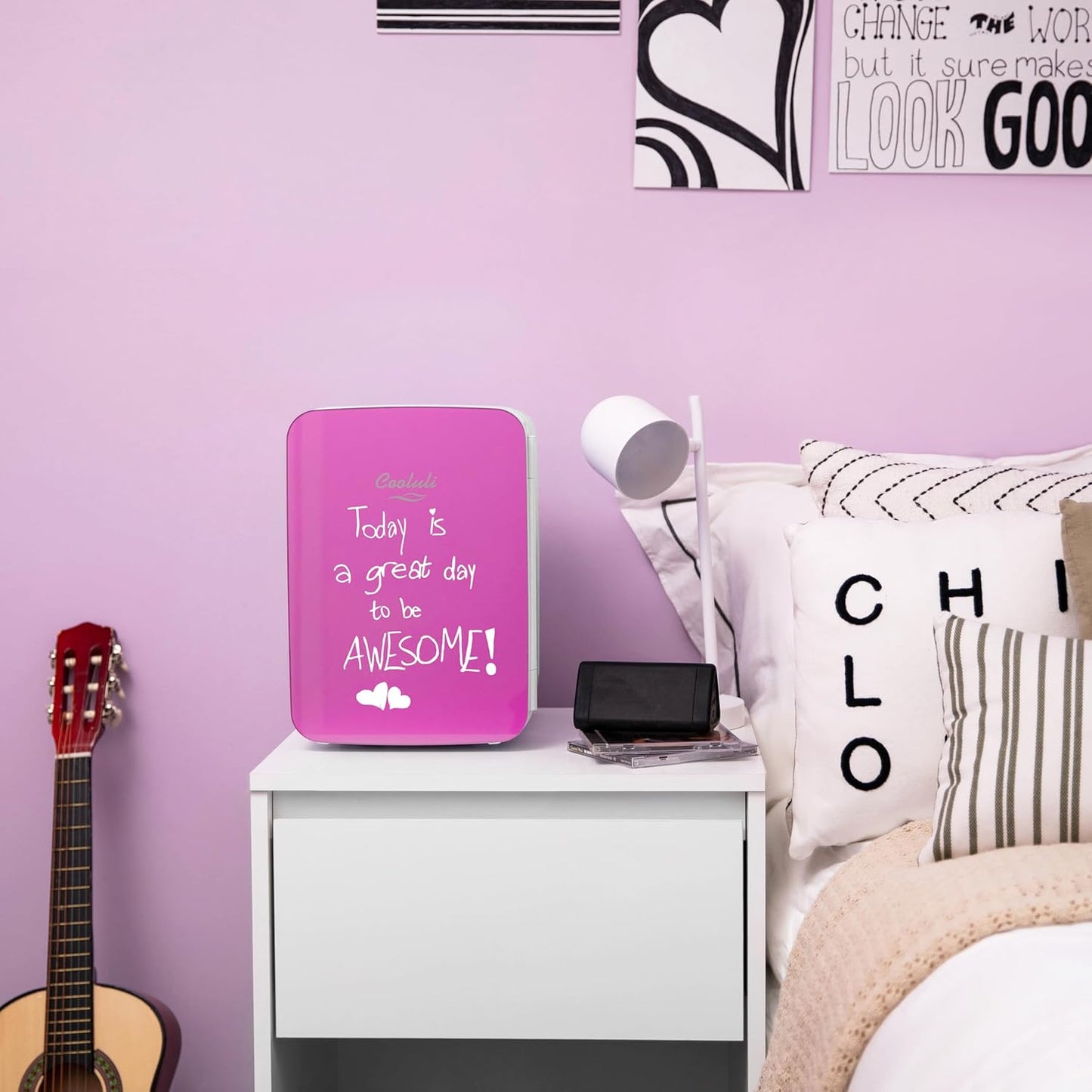 Cooluli 10L Mini Fridge for Bedroom, Car, Office Desk & Dorm - Portable Thermoelectric Cooler & Warmer for Food, Drinks, Skincare - Compact Refrigerator with Glass Front, Pink