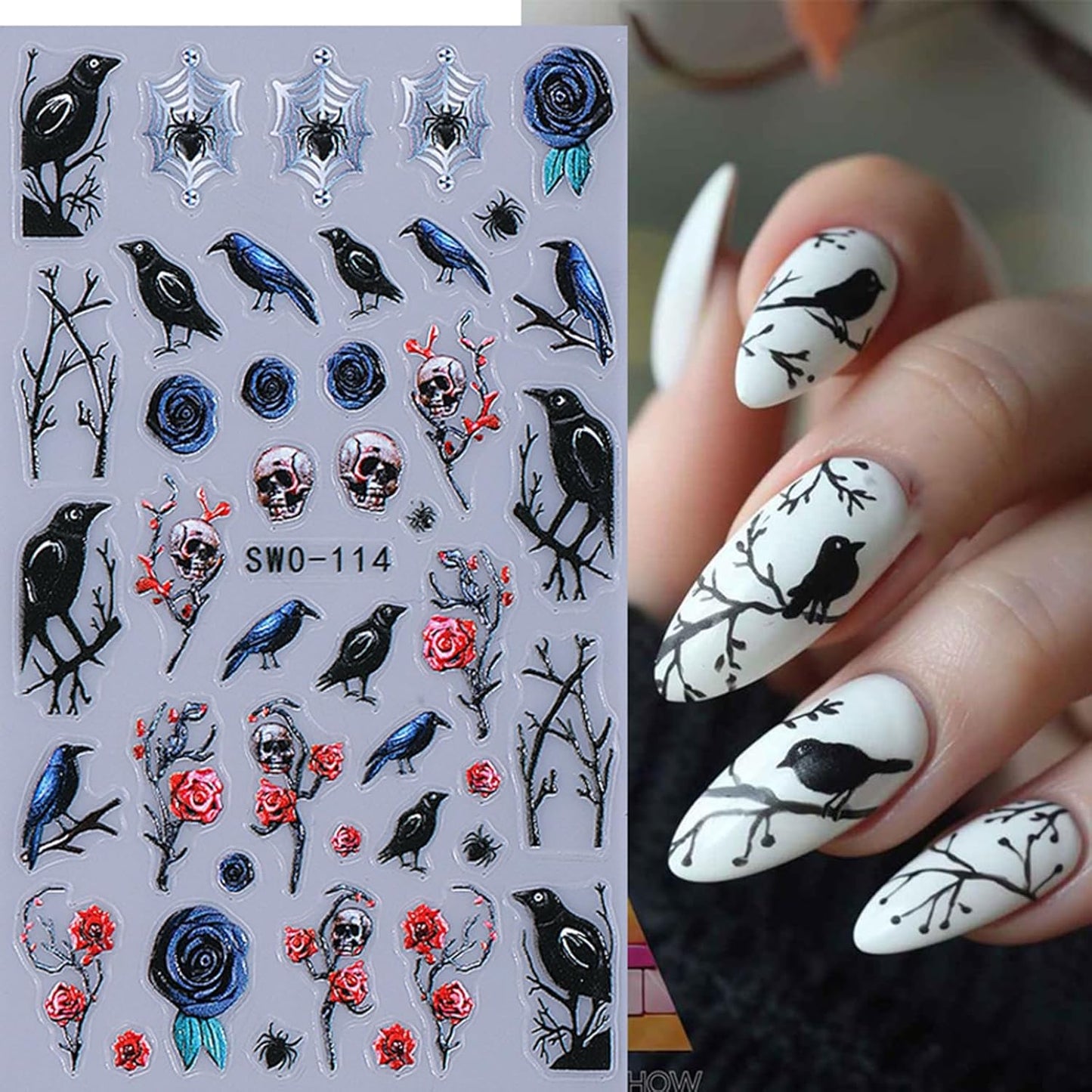 2 Sheets Halloween Nail Art Stickers Decals 5D Embossed Skeleton Rose Nail Decals Black Birds White Ghost Flower Skull Rose Design Halloween Nail Stickers Manicure Accessories for Women Nail Art Decor