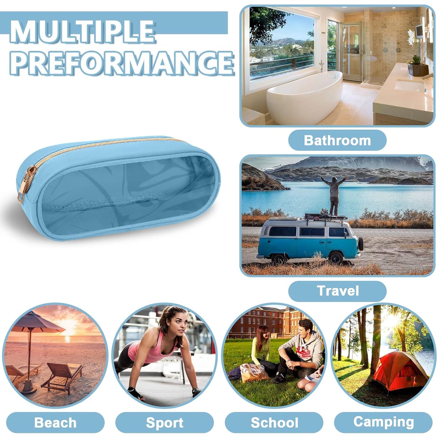 Clear Small Pencil Pouch Makeup Bag for Purse,Nylon&PVC Pencil Case Waterproof Makeup Brush Holder with Zipper,Preppy Transparent Pen Bag Travel Cosmetic Bag for Women Office(Slim-Blue)