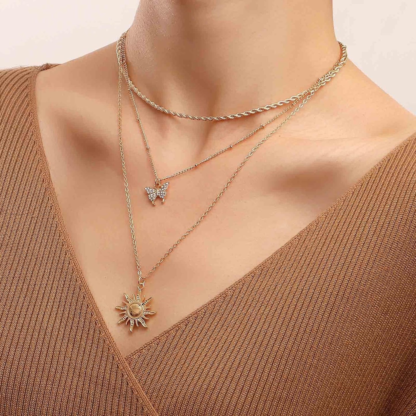 Bohemia Layered Sun Necklace Choker Crystal Butterfly Pendant Necklace Gold Rope Chain Necklace Vintage Sunflower Necklace Jewelry for Women and Girls