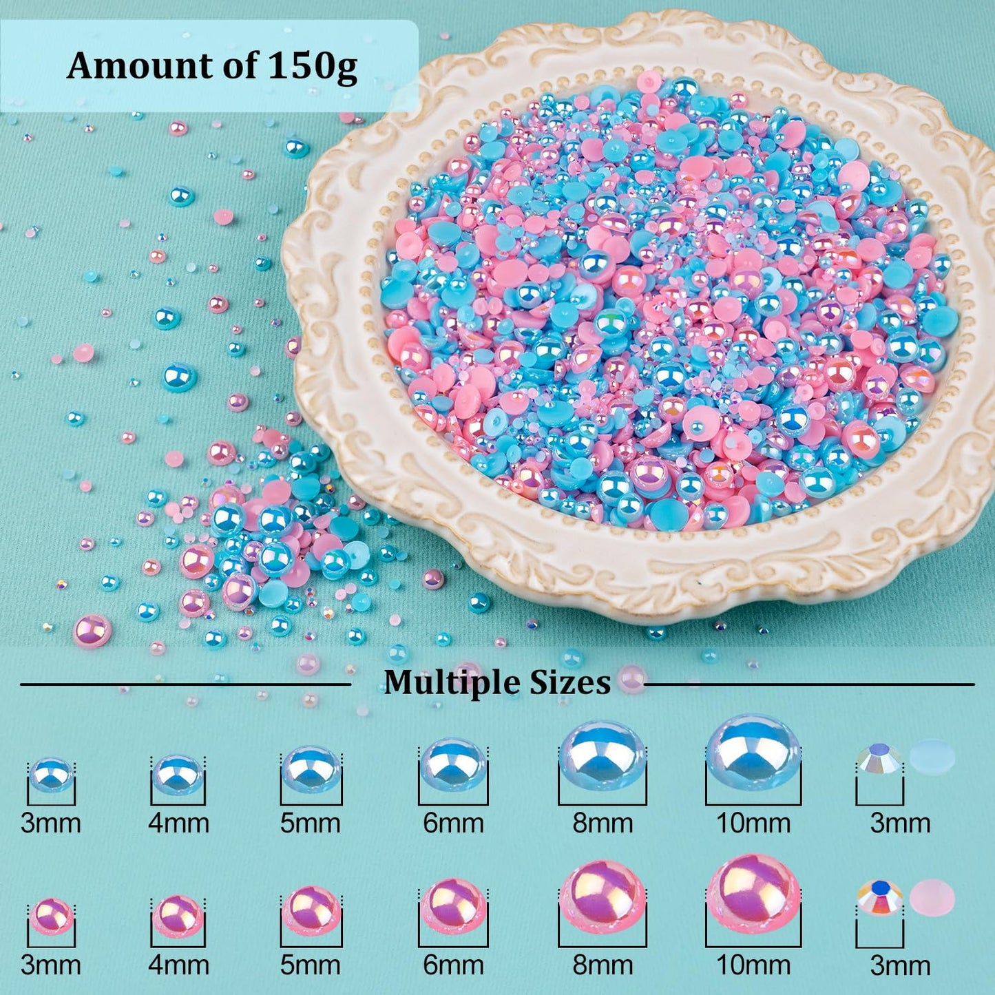 150g Flatback Pearls and Rhinestones Set 6-Pink&Light Blue, Mixed Size 3-10mm Resin Rhinestones and Half Pearls for Nail Art and Crafts and Decoration with Tweezer and Pickup Pencil