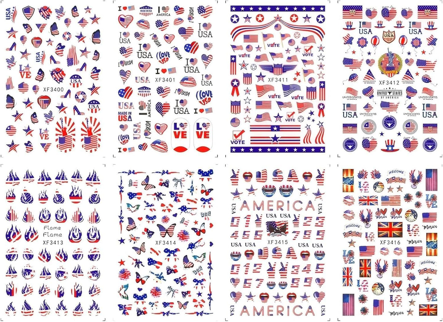 4th of July Nails Stickers for Nail Art - 8 Sheets 3D Self Adhesive Independence Day Nail Art Stickers American Flag Stars Letters USA Nail Decals Fourth of July Design Sticker for Women