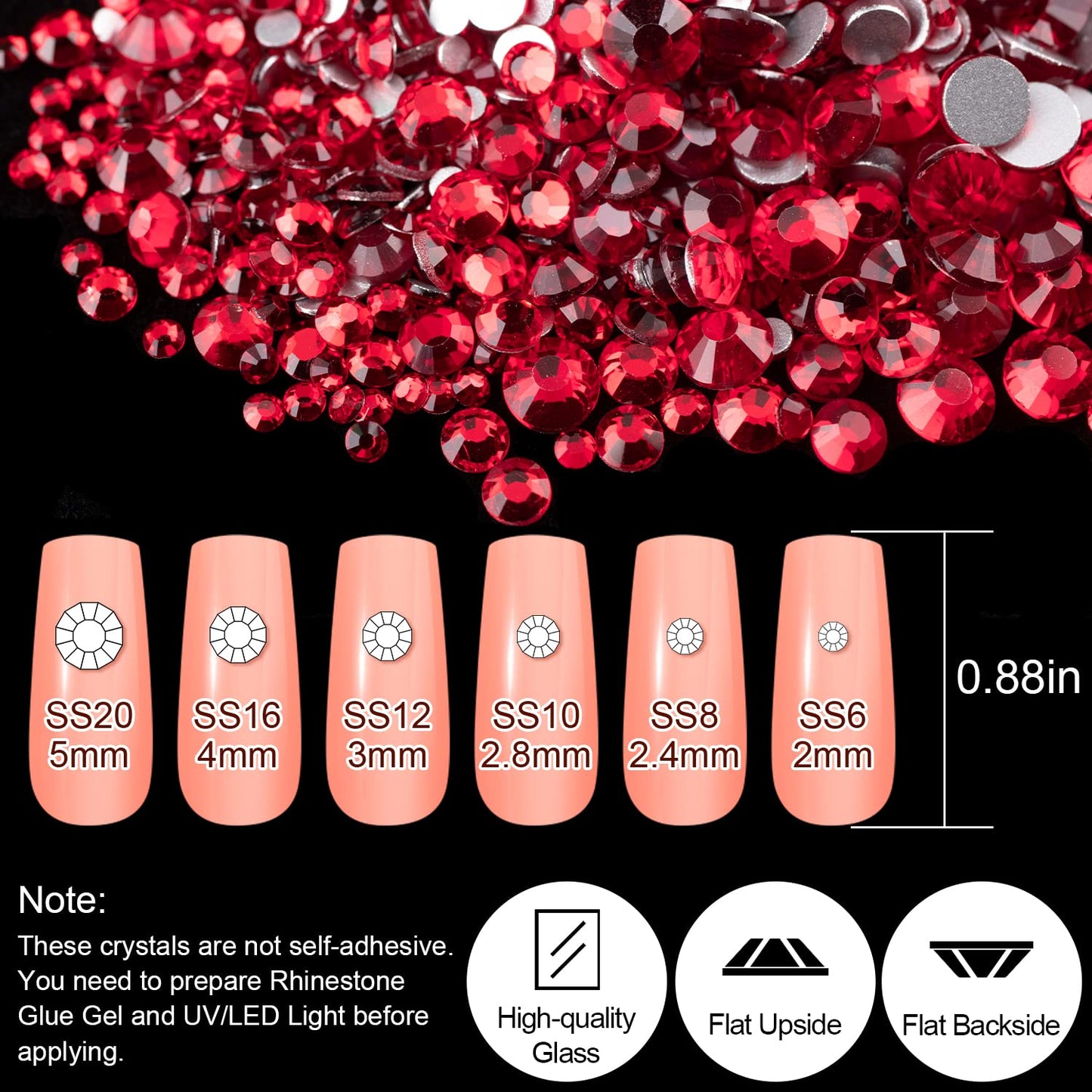 18 Styles Multi-Shaped Glass Gemstones for Nails and 6 Sizes Round Crystal Rhinestones Kit #3, Red Nail Art Charm Bead Manicure Decoration with Pickup Pencil and Tweezer