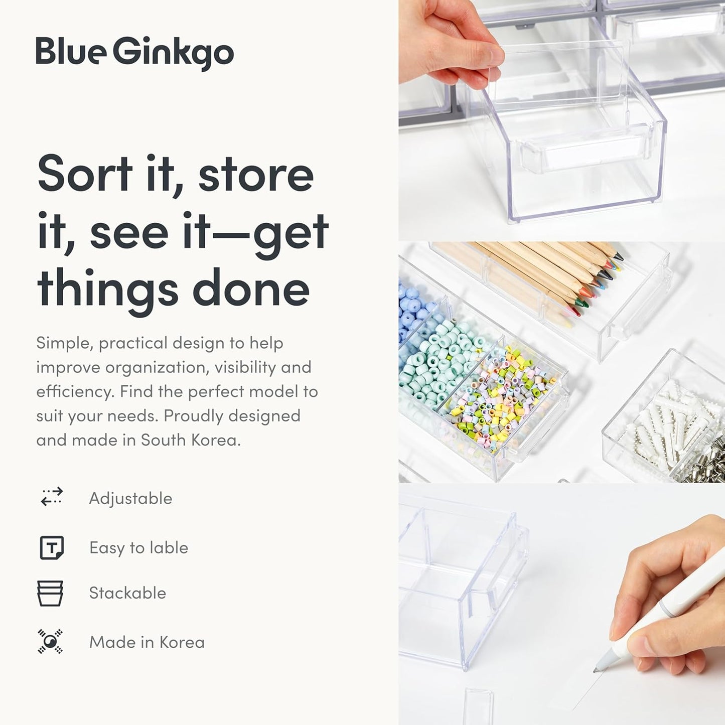 Blue Ginkgo Small 20-Drawer Cabinet – Stackable Clear Organizer for Hardware, Beads, Plastic Bricks, Office, and Craft Storage (Made in Korea, Gray)