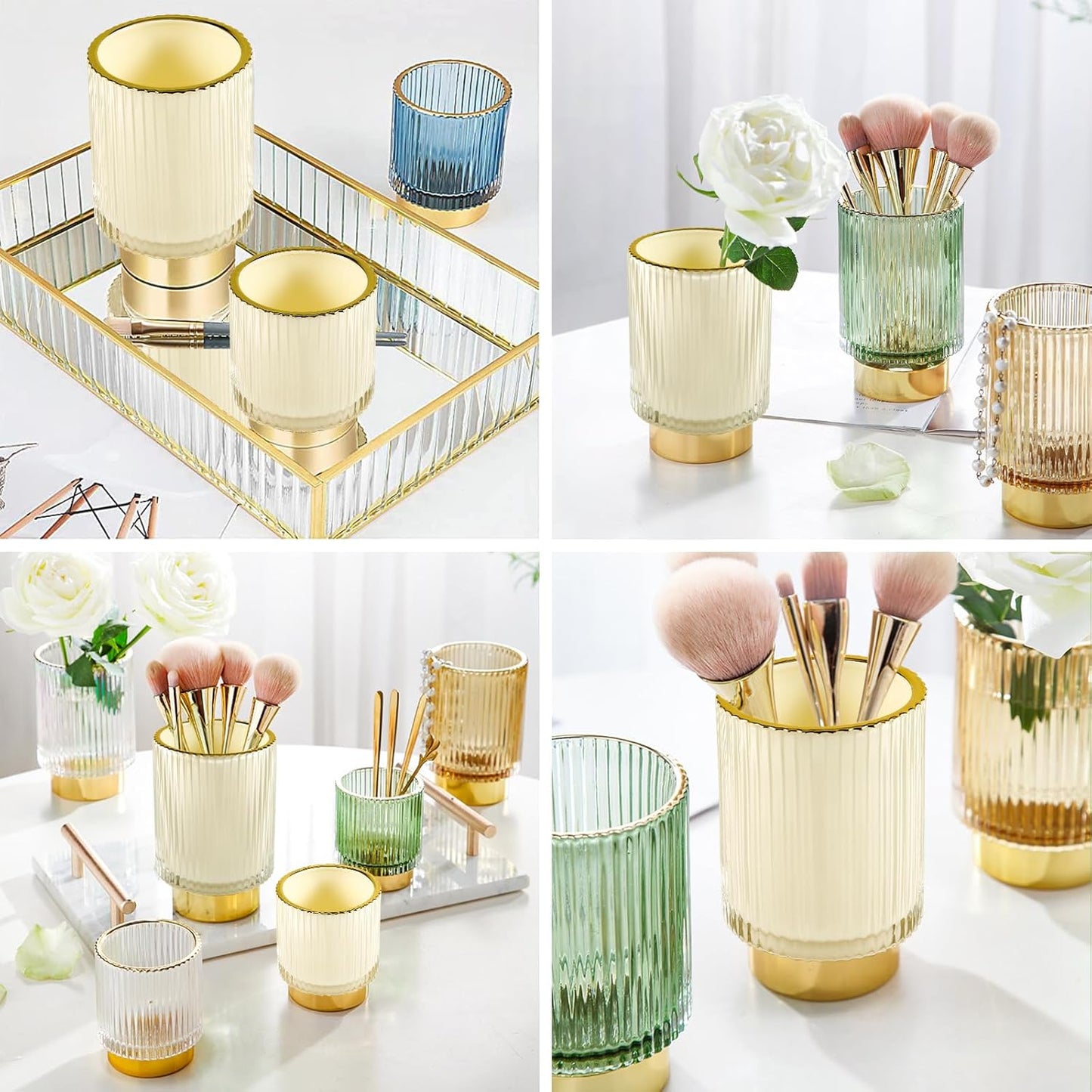 DASITON Makeup Brush holder Organizer,Crystal Cosmetic Makeup Brush Glass Brushes Storage Holder, Vintage Make Up Brush Cup Pen Pencil Holder striped vase(Cream S+L)