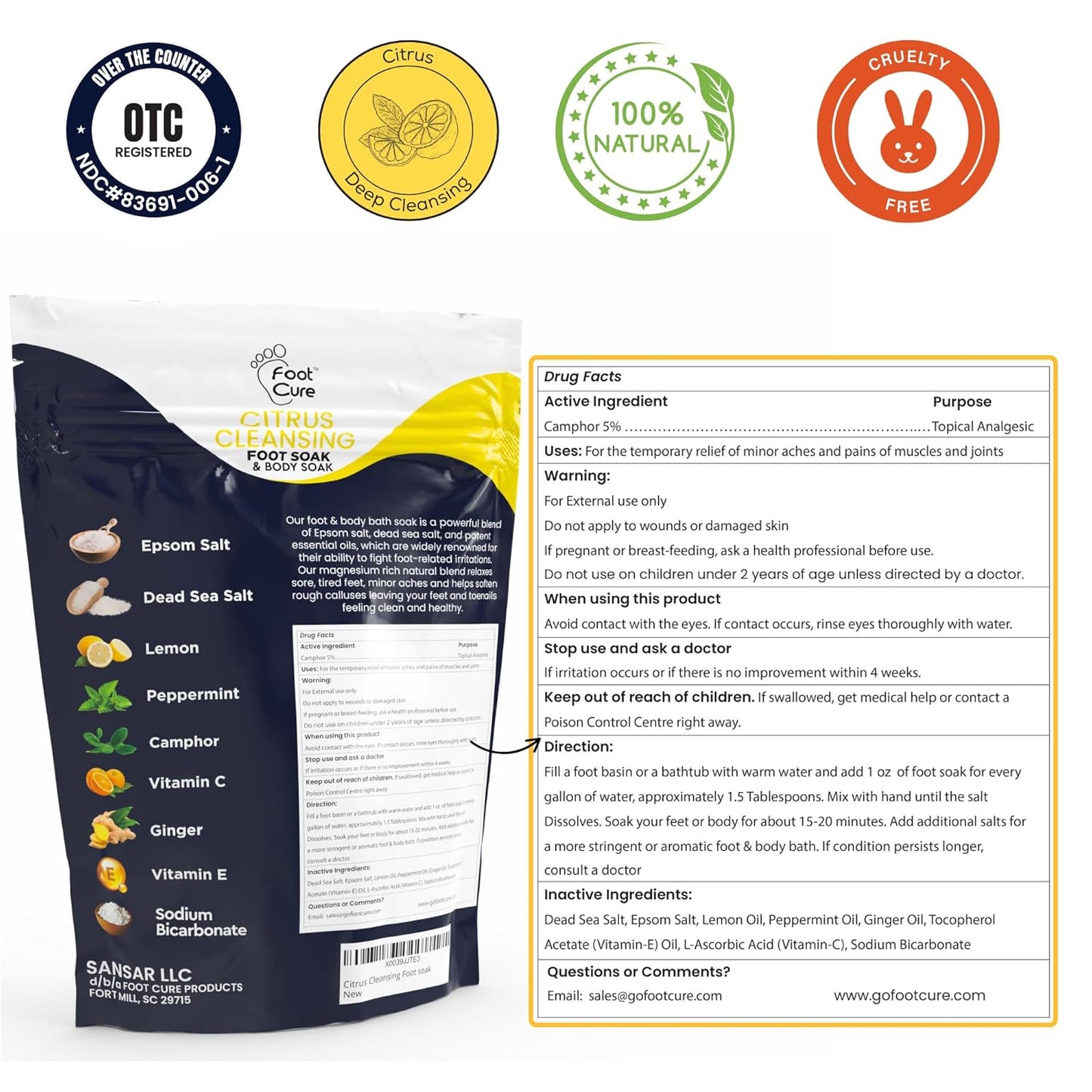 Citrus Detox Foot Soak With Epsom Salts - for Foot Callus, Immune Boost, Damaged Toenail, Athletes Foot, Pedicure and Soothes Tired Aching Feet - Made in USA 16 oz (Pack of 2)