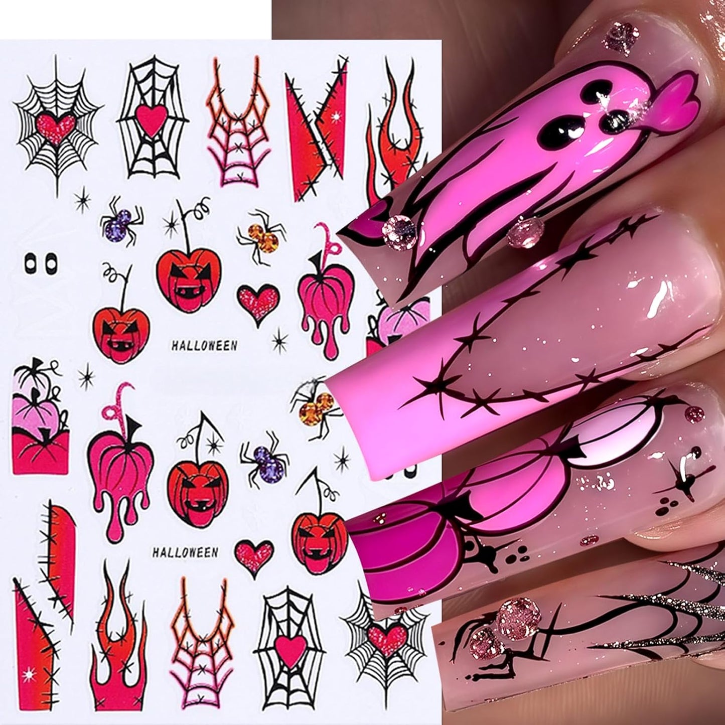 8Sheets Halloween Nail Stickers for Nail Art,3D Self-Adhesive Cute Ghost Spider Nail Decals Pink Red Horror Pumpkin Heart Spider Web Nail Design Nails Supplies for Women Manicure Holiday Decorations