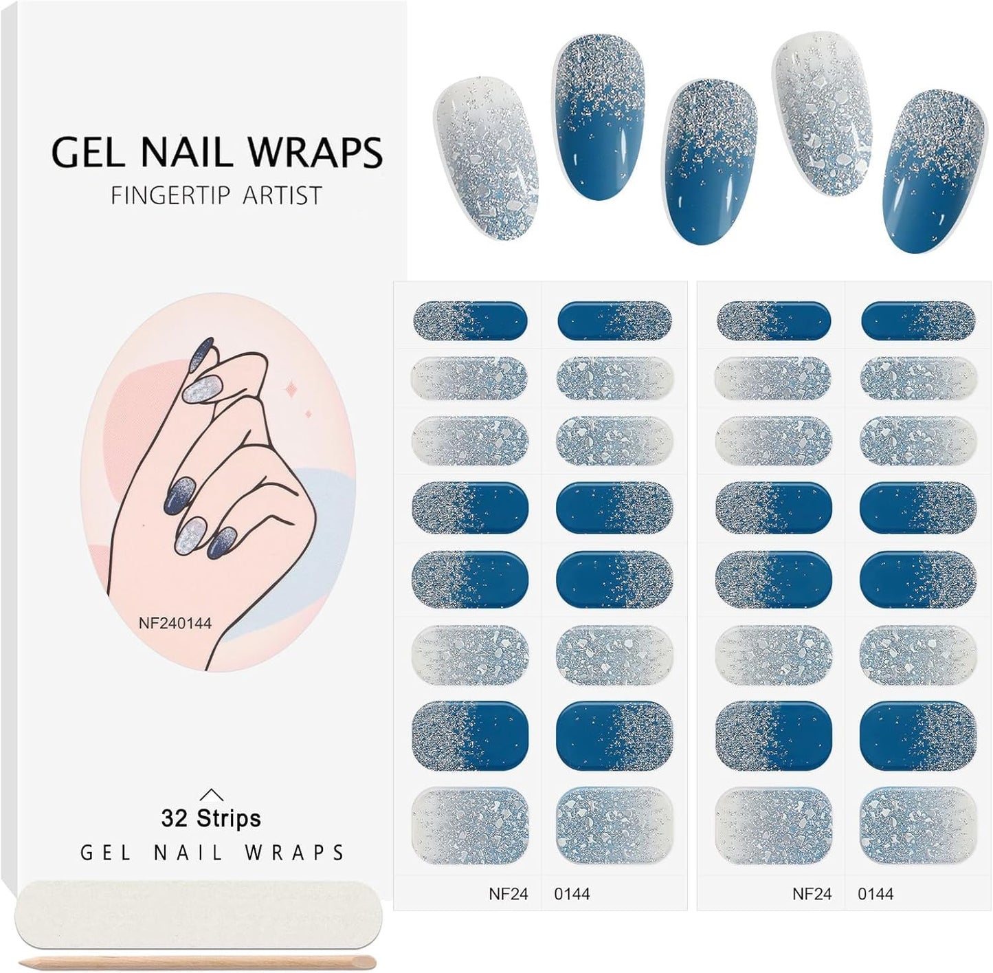 32PCS Semi-Cured Gel Nail Strips EBANKU Nail Polish Stickers Long-Lasting Semi-Cured Gel Nail Wraps Full Nail Polish Wraps Shiny Nail Decors Gel Nail Art Stickers UV/LED Lamp Required (Diamond Blue)