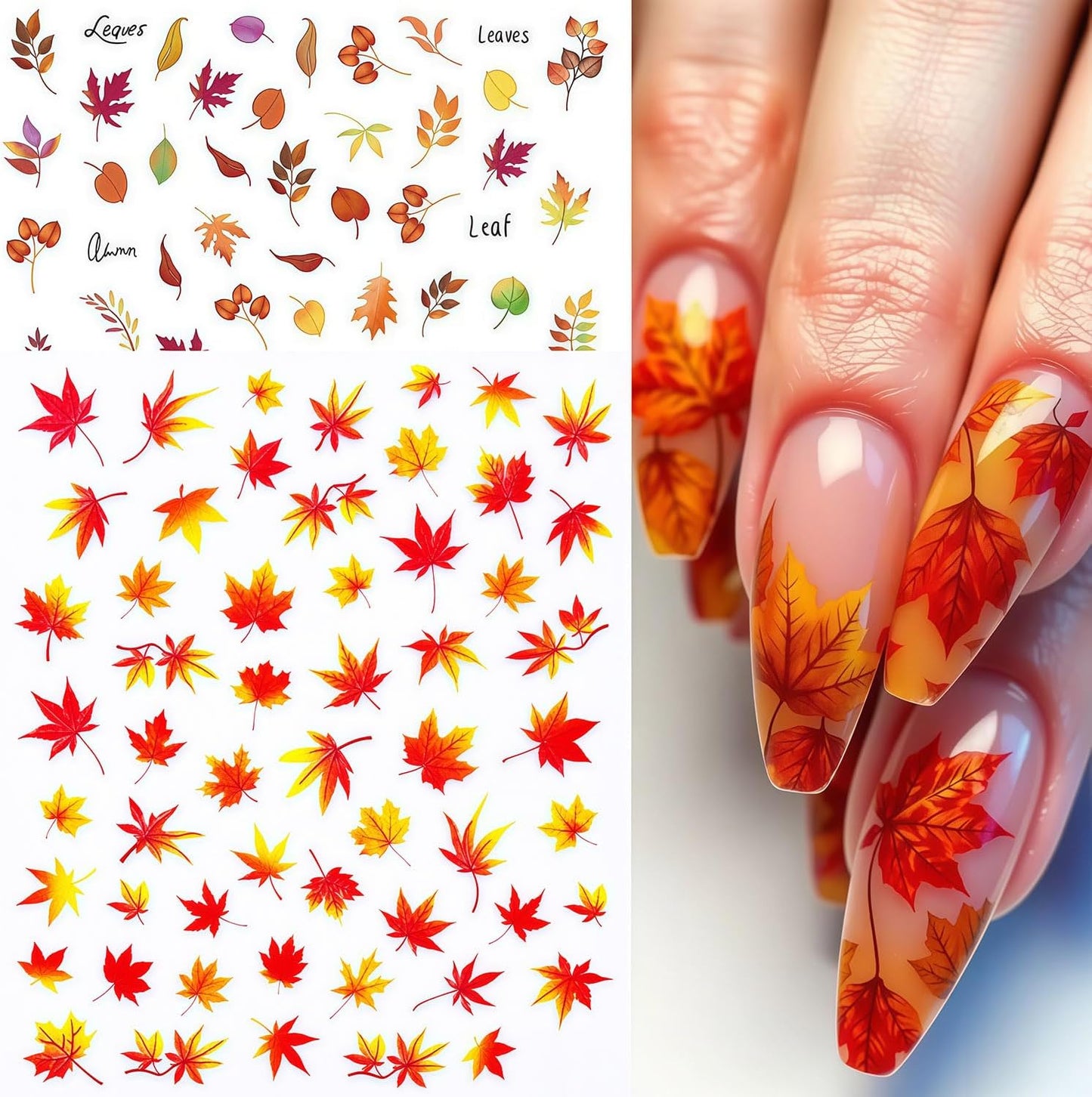 Autumn Nail Art Stickers Fall Maple Leaves Nail Stickers 3D Self-Adhesive Autumn Leaves Nail Sticker Leaf Nails Decals for Women Acrylic Nails Maple Leaf Thanksgiving Holiday Decorations