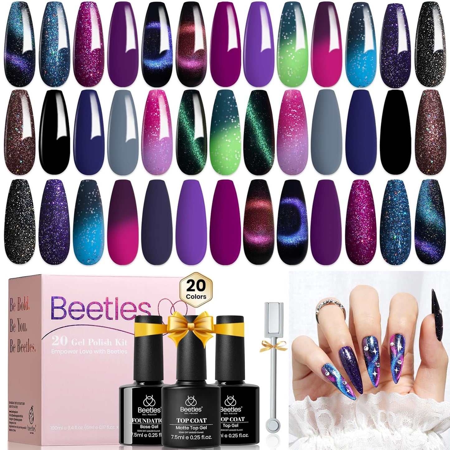 Beetles Cat Eye Gel Polish Set - 24Pcs 20 Colors Glitter Dark Color Changing Gel Nail Polish Kit with Base Gel Glossy Matte Top Coat Soak off UV DIY Nail Art Salon Ombre Black Nails Gift