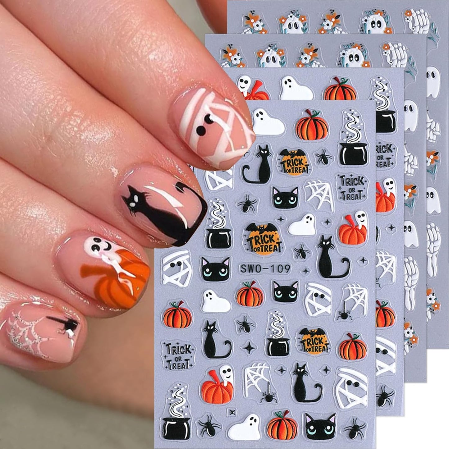 Halloween Nail Stickers 5D Spooky Nail Decals 4PCS Self-Adhesive Black Cat Pumpkins Spider Web Ghost Skeleton Hand Skull Design Gothic Halloween Nail Art Supplies for Women Holiday Nail Decorations