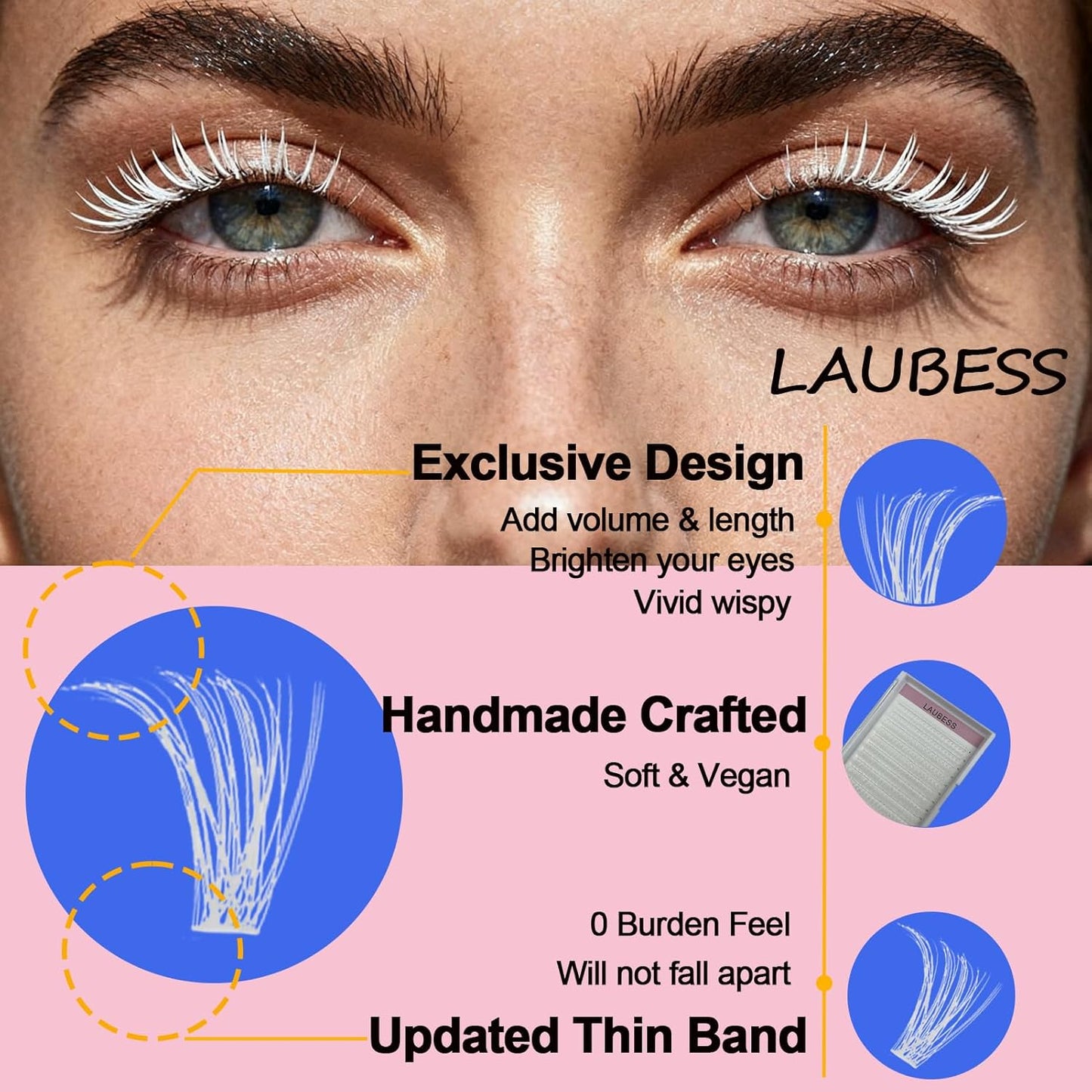 Colored Lash Clusters LAUBESS White Colored Eyelash Clusters Wispy Colored Lash Extensions Colorful Lash Clusters Individual Lashes (White 40D-0.07D-Mix8-16)