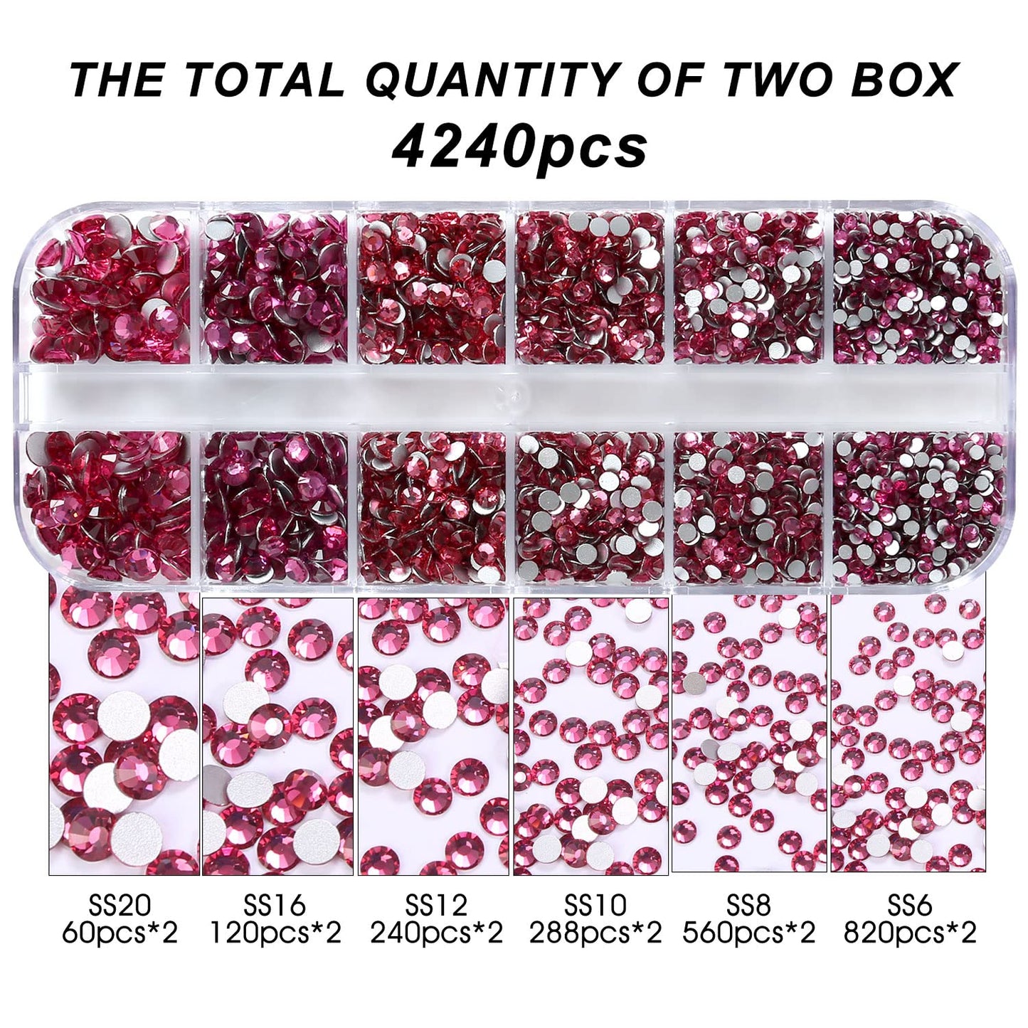 4240Pcs Flatback Rose Rhinestones Glass Crystal Diamonds for Nail Art Face Jewels Sparkly Round with Tweezers and Picking Pen (SS6~SS20 Set)