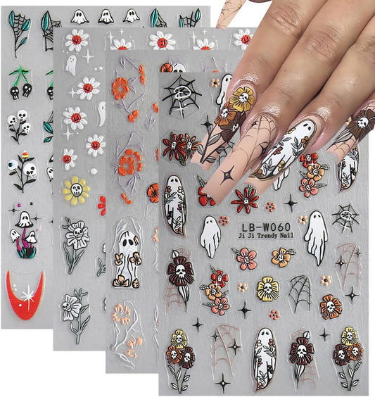 4 Sheets Cute Ghost Nail Art Stickers and Halloween French Flower Nail Decals Design 5D Self-Adhesive Brown Green Spider Web Nail Stickers Personalized Nail Art Supplies Stickers for DIY Manicure