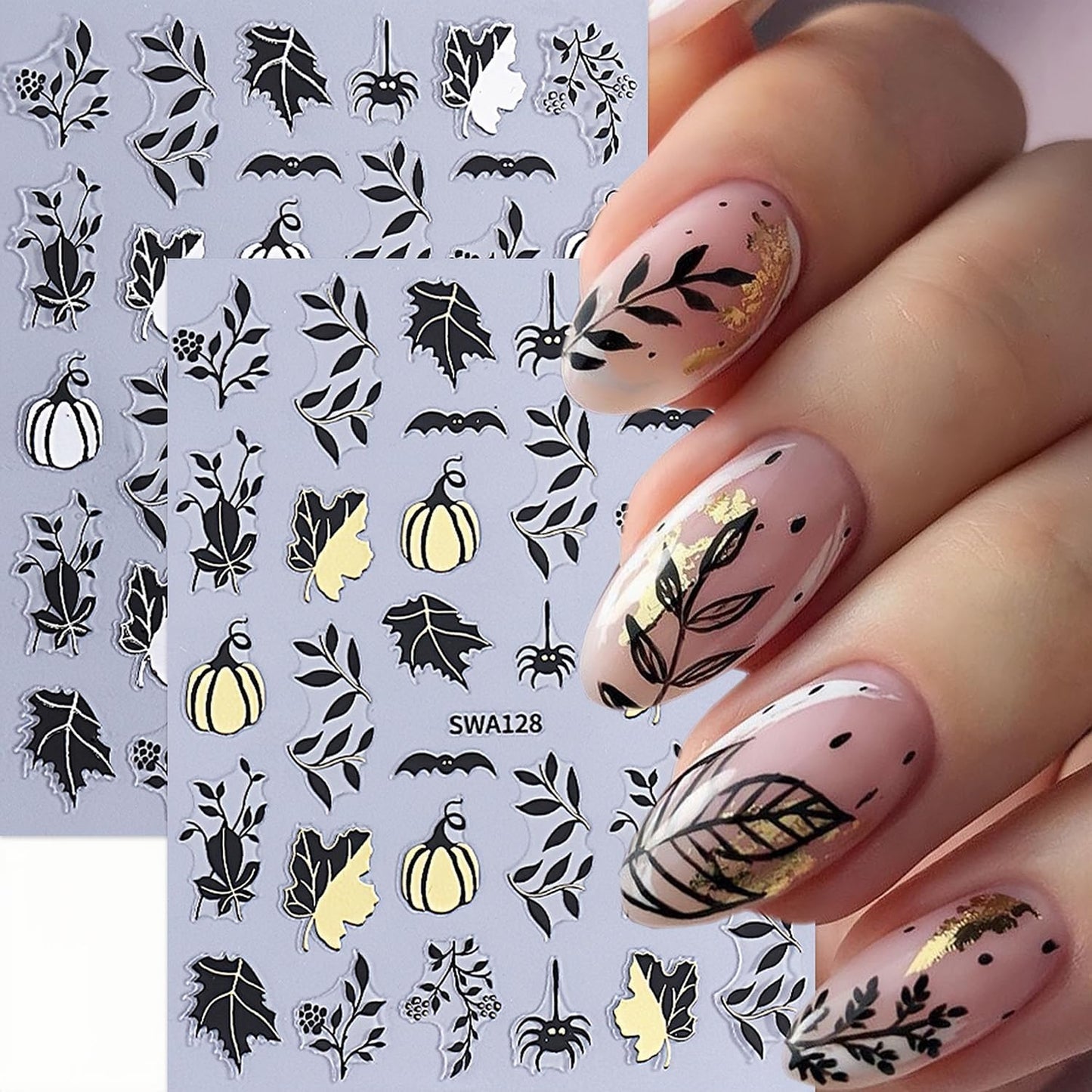 8 Sheets Fall Halloween Nail Stickers for Nail Art Pumpkins Nail Decals 3D Self-Adhesive Autumn Maple Leaf Cute Ghost Pattern Design Sticker Decoration for Women DIY Holiday Party Nails Supplies