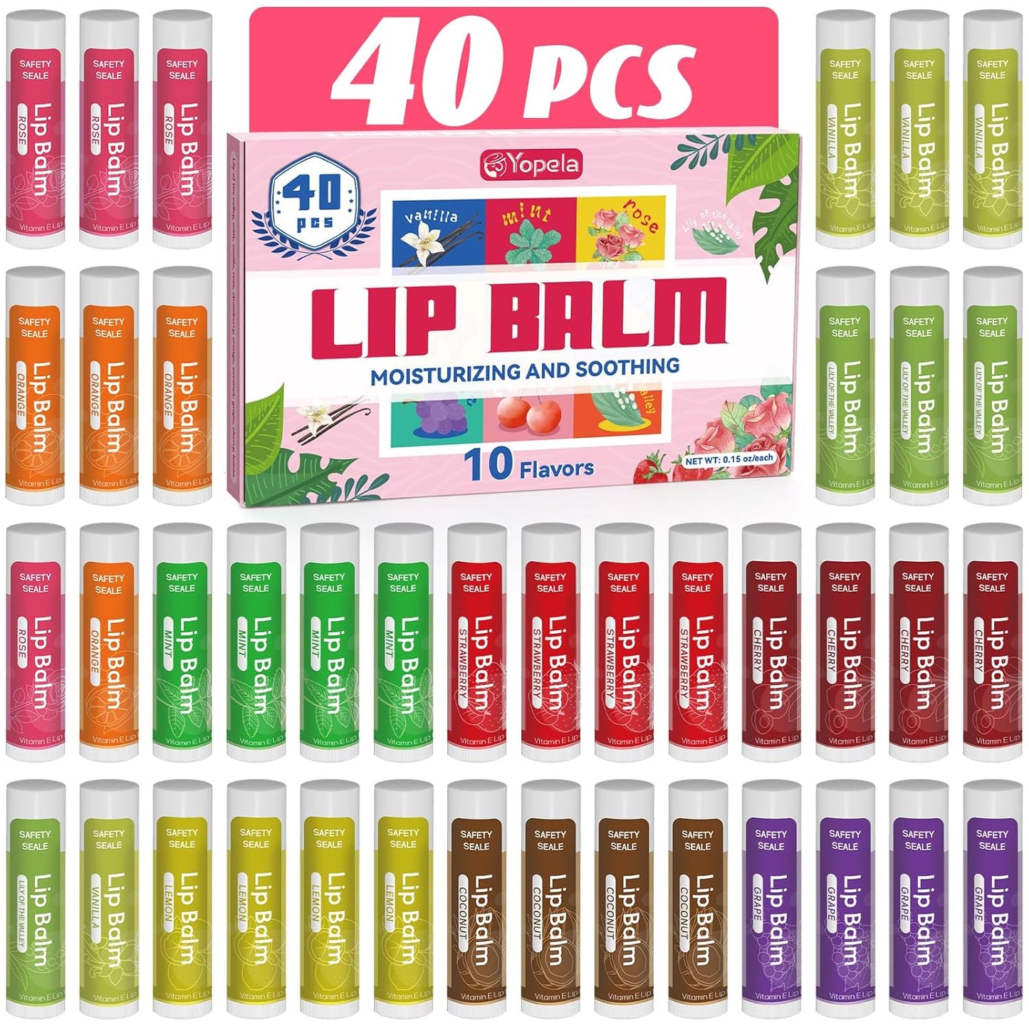 40 Pack Natural Lip Balm Bulk with Vitamin E and Coconut Oil - Moisturizing Dry Cracked Lips, Mini Chap Stick Gifts for Kids Women Men- 10 Flavors - Non-GMO