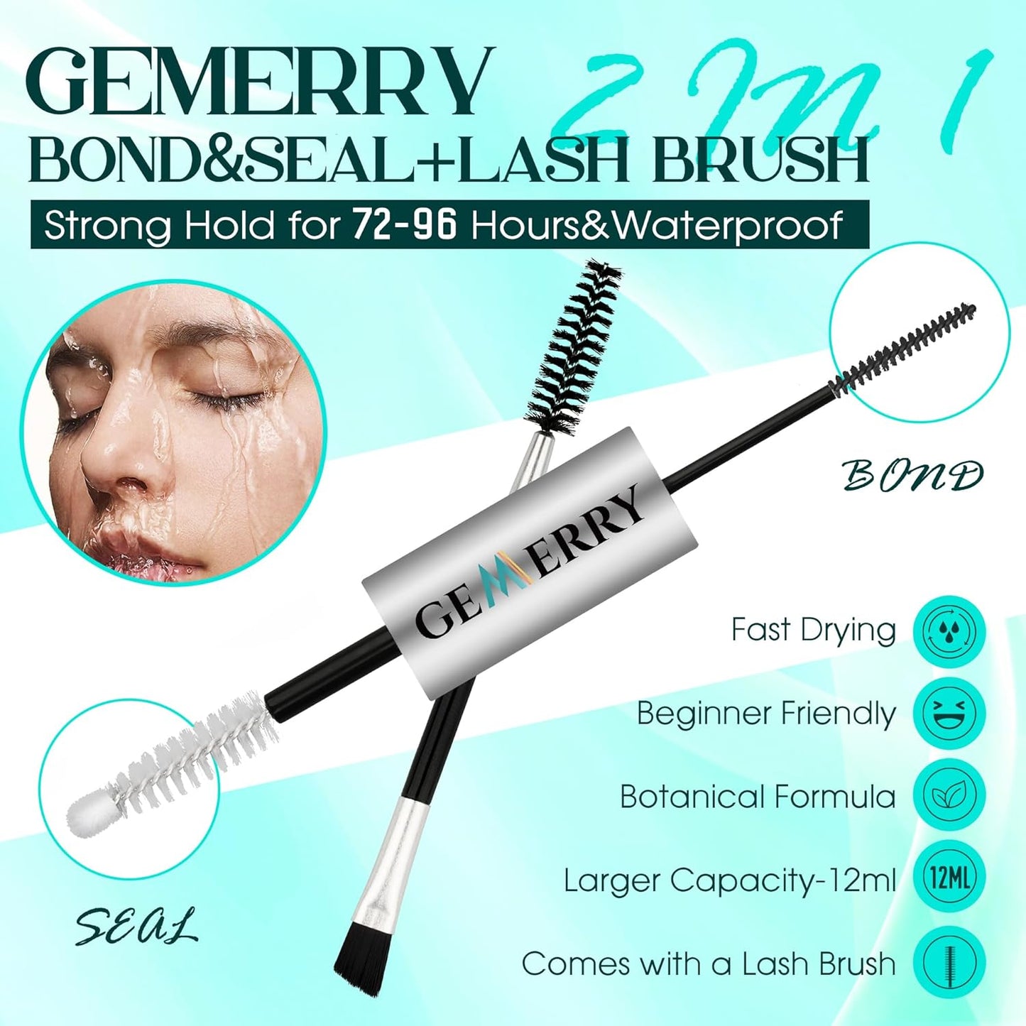 GEMERRY Lash Bond and Seal Waterproof 12ml Lash Glue for Lash Clusters Strong Hold for 72-96 Hours Lash Cluster Glue Mascara Eyelash Glue for Self Use at Home