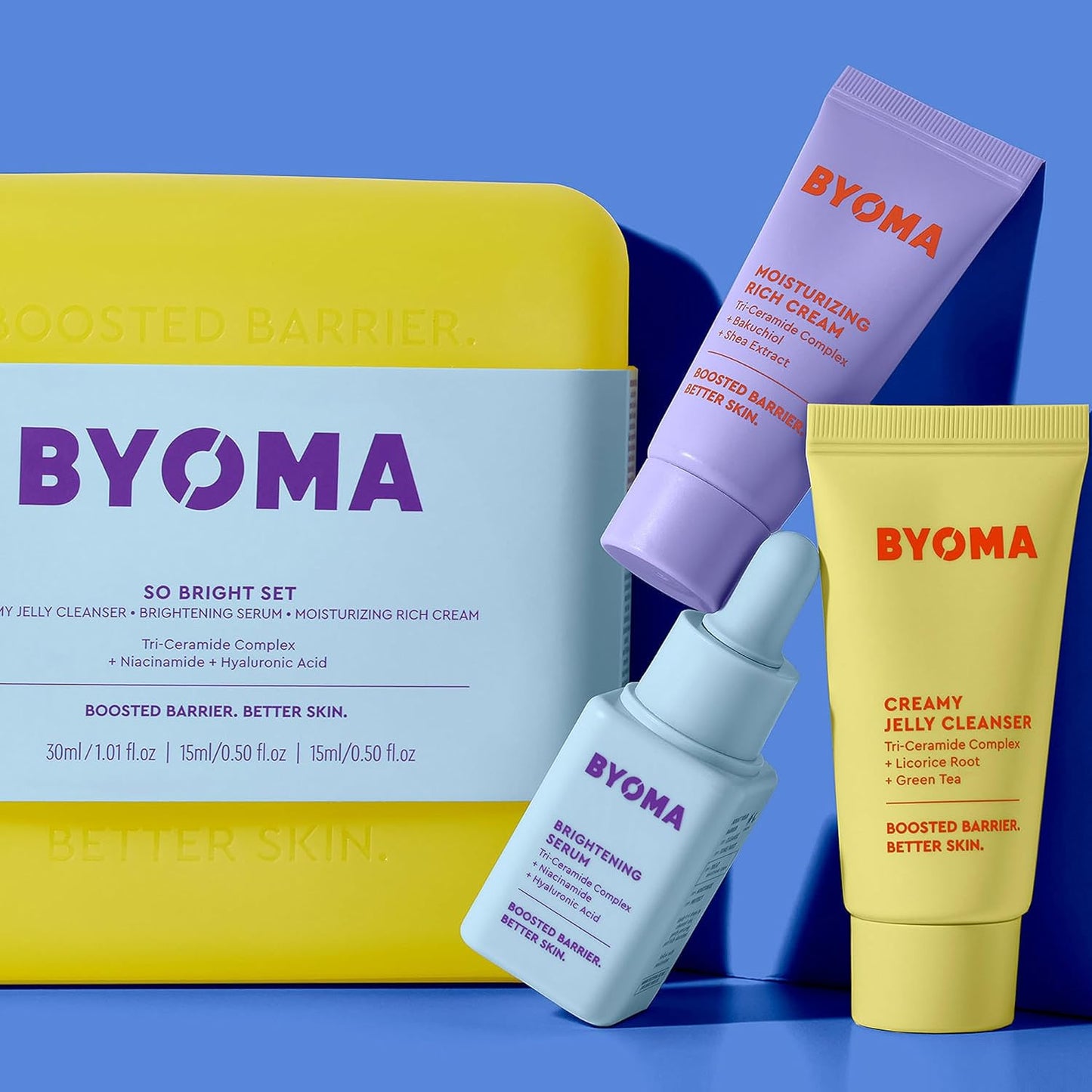 BYOMA So Bright Set - Barrier Repair Skincare Set for Brighter Skin - Creamy Jelly Cleanser, Brightening Face Serum & Ceramide Face Moisturizer - Alcohol Free Skin Care - 30ml, 15ml, 15ml