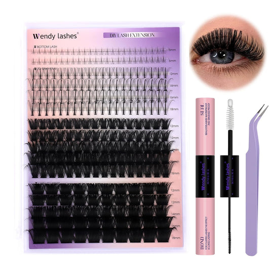 DIY Lash Extension Kit 100D/200D Lash Clusters With Bottom Lashes 12-18mm Multi-types Individual Lashes Bond and Seal, Spike, Volume Lashes Kit Lash Applicator(100/200 Kit)