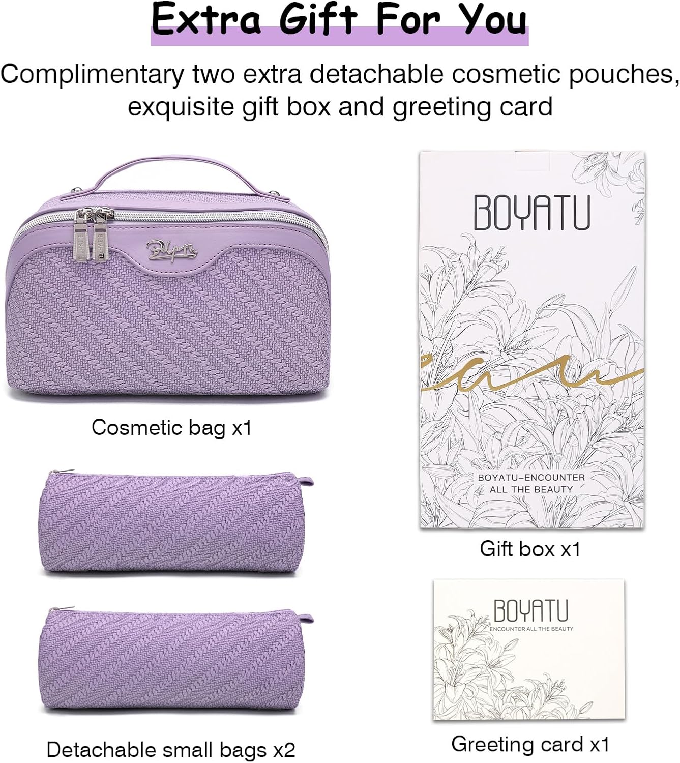 BOYATU Travel Makeup Bags for Women: Large Cosmetic Bag Waterproof - Vegan Leather Make up Bag Set of 3 - Compact Toiletry Organizer with Compartments & Handle & Divider (Z-Purple)