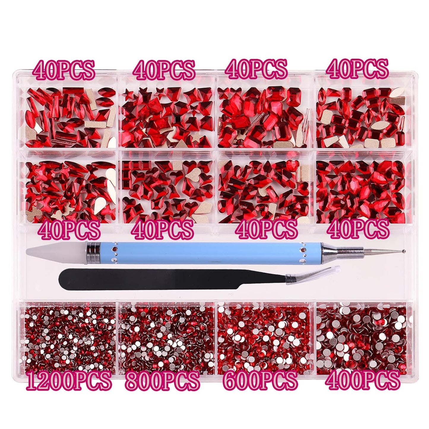 HOINCO 3320Pcs Multi-Shaped Crystal Red Nail Rhinestones & Gems for DIY Nail Art