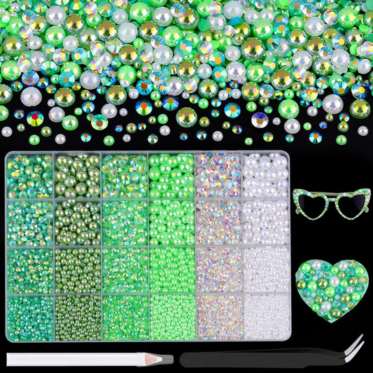 9000Pcs Flatback Pearls and Rhinestones for Crafting, Green White Mixed Size 3-8mm Resin Rhinestones and Half Pearls for Bedazzling, Nail Art with Tweezers and Pickup Pencil