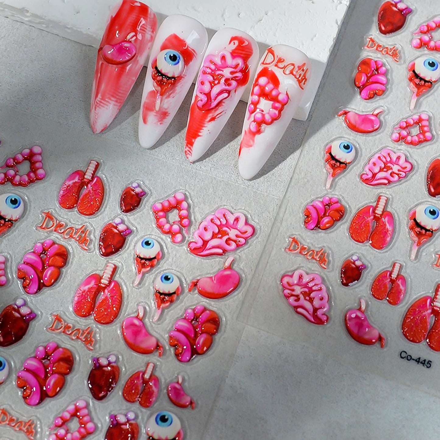 1 Sheets Horror Halloween Nail Stickers for Nail Art Embossed Eyeballs Nail Art Stickers Scary Heart Lungs Human Organs Nail Decals 5D Self-Adhesive Bloody Holiday Nail Design Supplies for Women