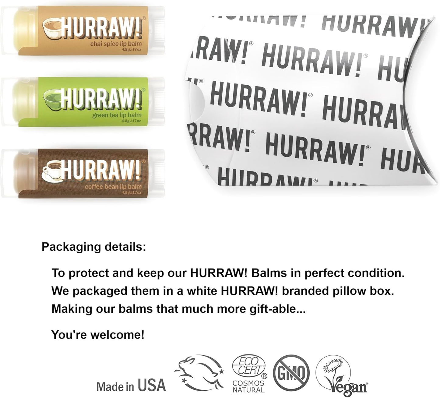 Hurraw! Chai Spice, Green Tea, Coffee Bean Lip Balms, 3 Pack Bundle: Organic, Certified Vegan, Cruelty and Gluten Free. Non-GMO, 100% Natural Ingredients. Bee, Shea, Soy and Palm Free. Made in USA