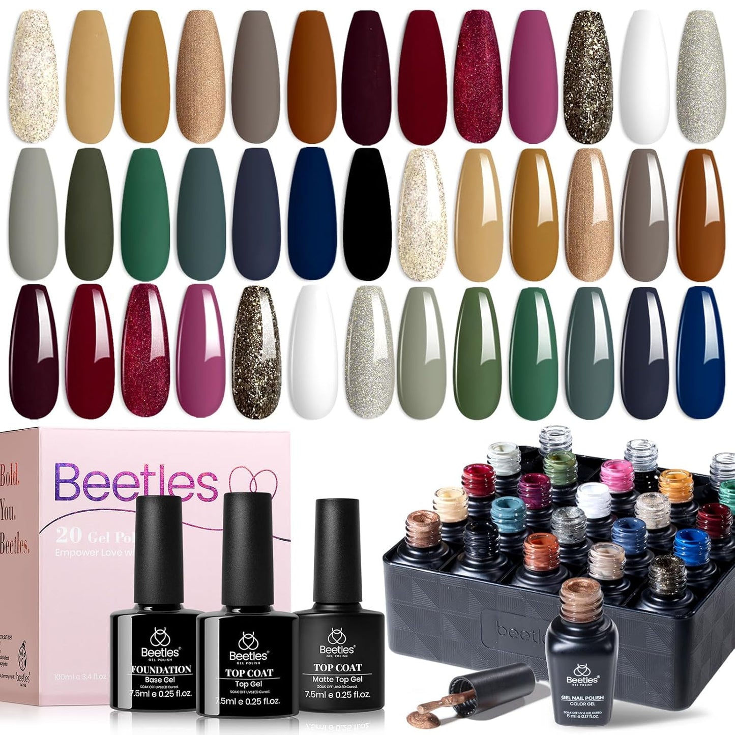 Beetles Fall Gel Nail Polish Set – Winter Sonata Gel Polish, 20 Colors Brown Burgundy Red Green Glitter Soak Off UV LED Gel Polish Kit with Base Coat Glossy Matte Top Coat Manicure Gift for Women